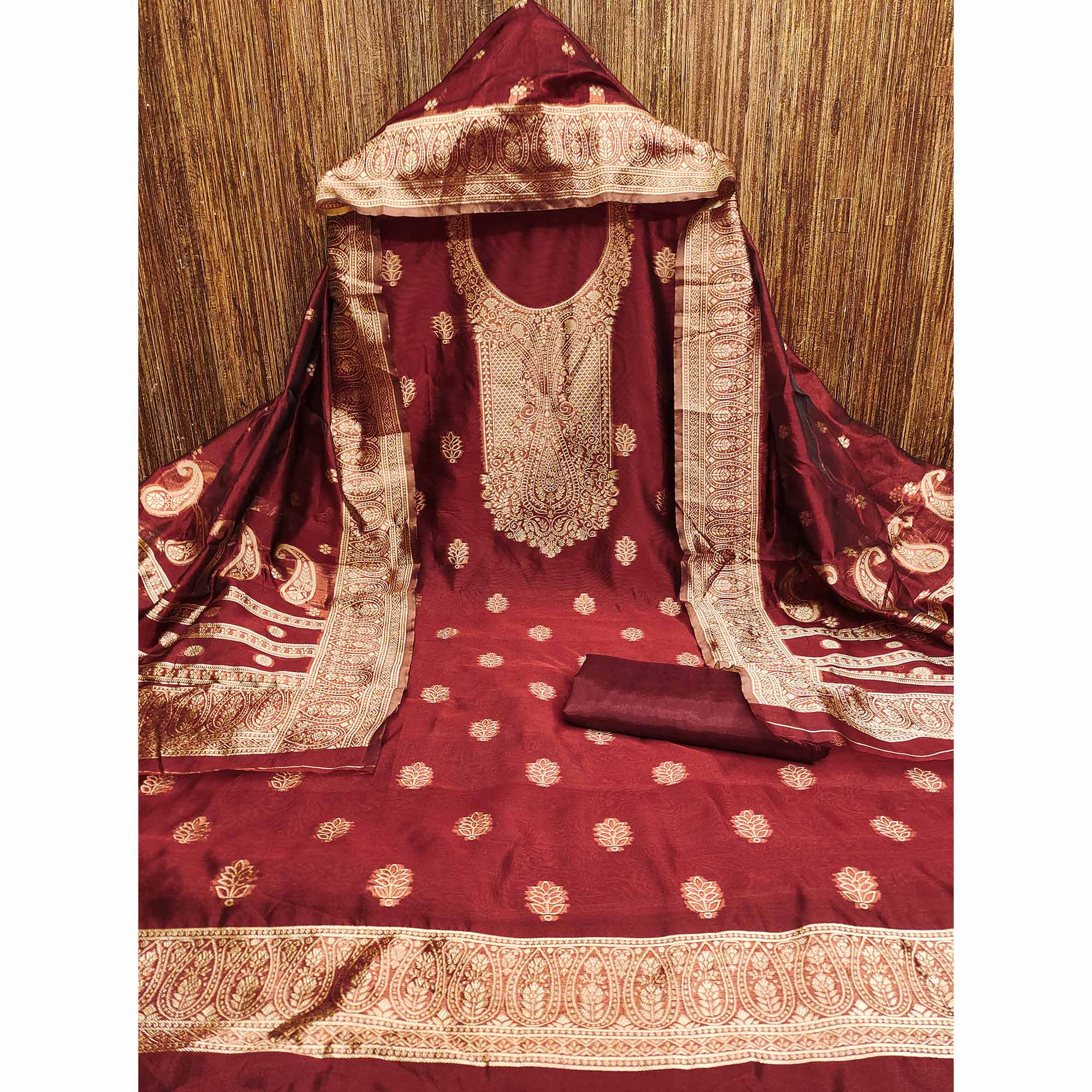 Maroon Zari Floral Jacquard Weaving on Shimmer Silk Dress Material