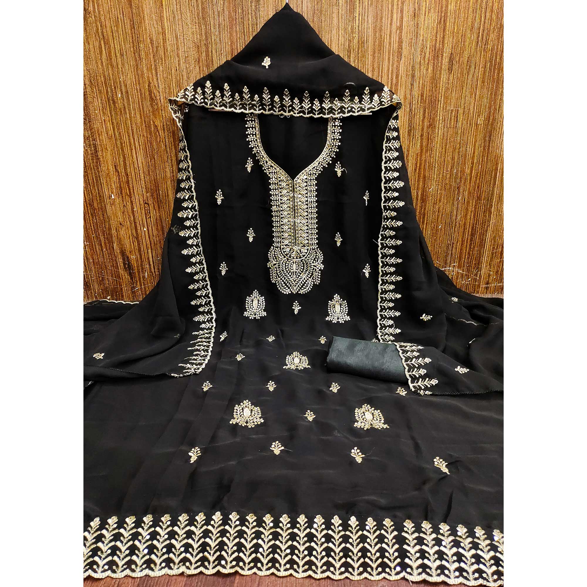 Black Georgette Dress Material Adorned With Floral Zari & Sequin Embroidery