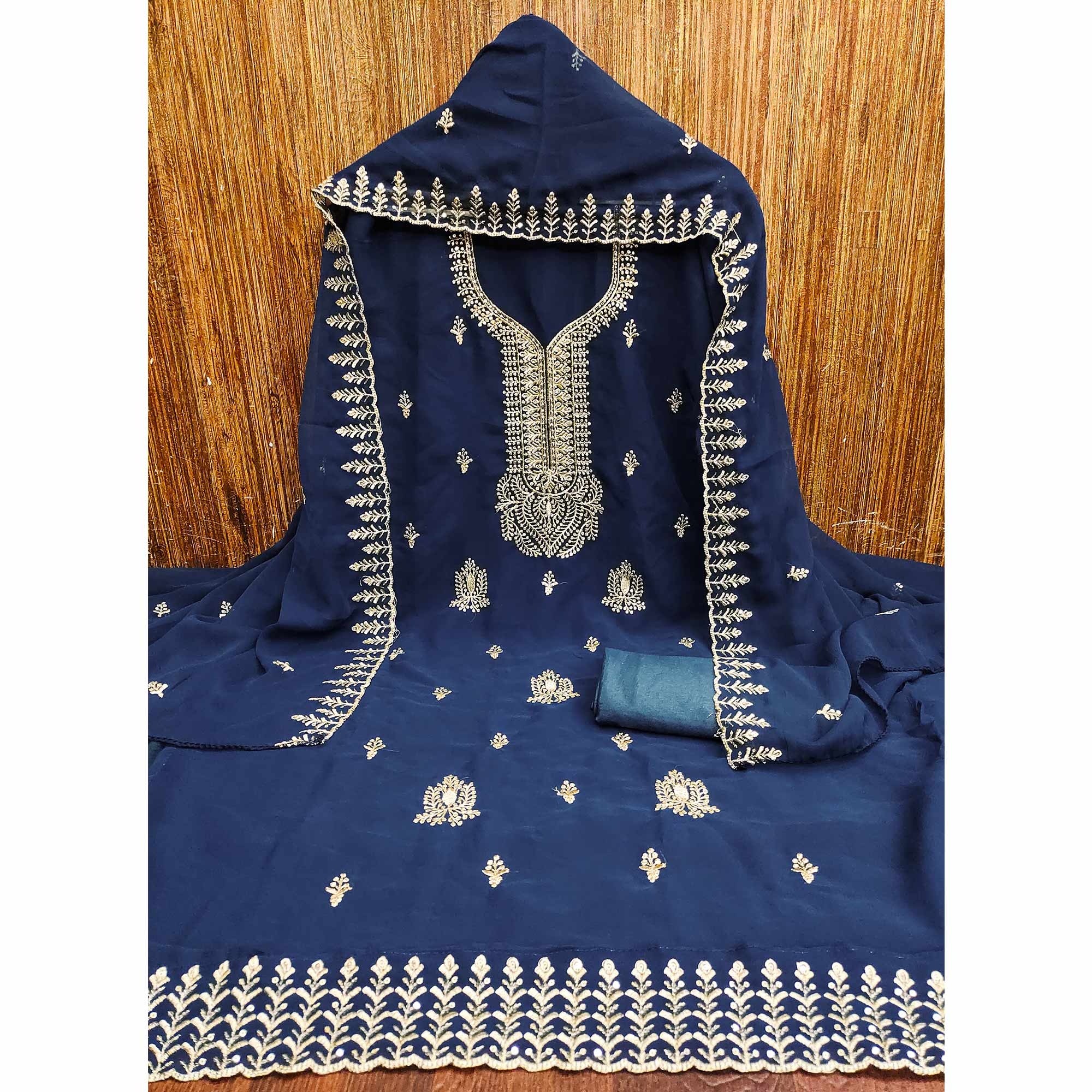 Blue Georgette Dress Material Adorned With Floral Zari & Sequin Embroidery