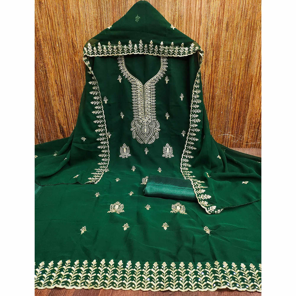 Green Georgette Dress Material Adorned With Floral Zari & Sequin Embroidery