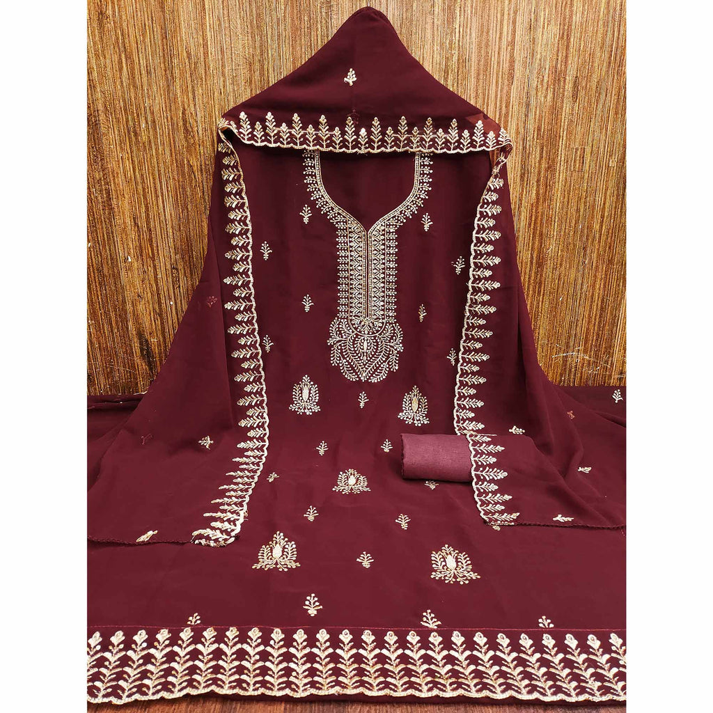 Maroon Georgette Dress Material Adorned With Floral Zari & Sequin Embroidery