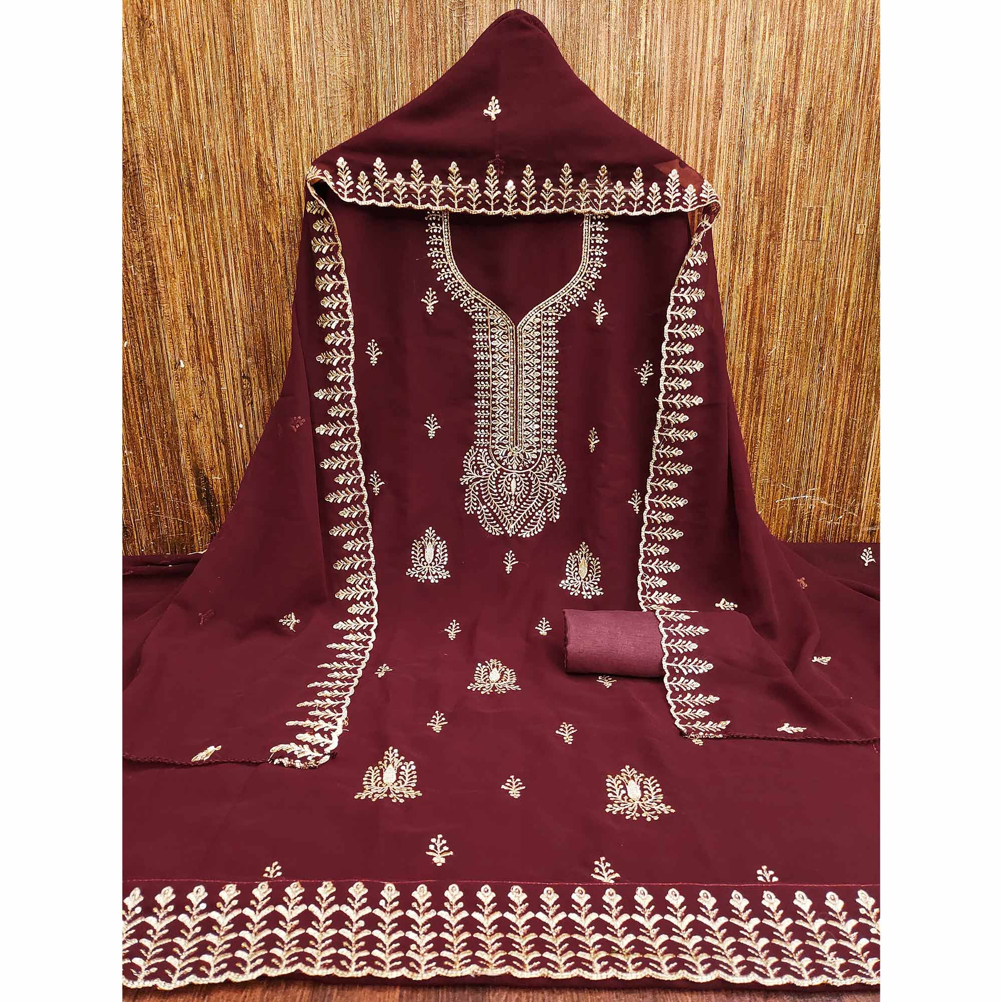 Maroon Georgette Dress Material Adorned With Floral Zari & Sequin Embroidery