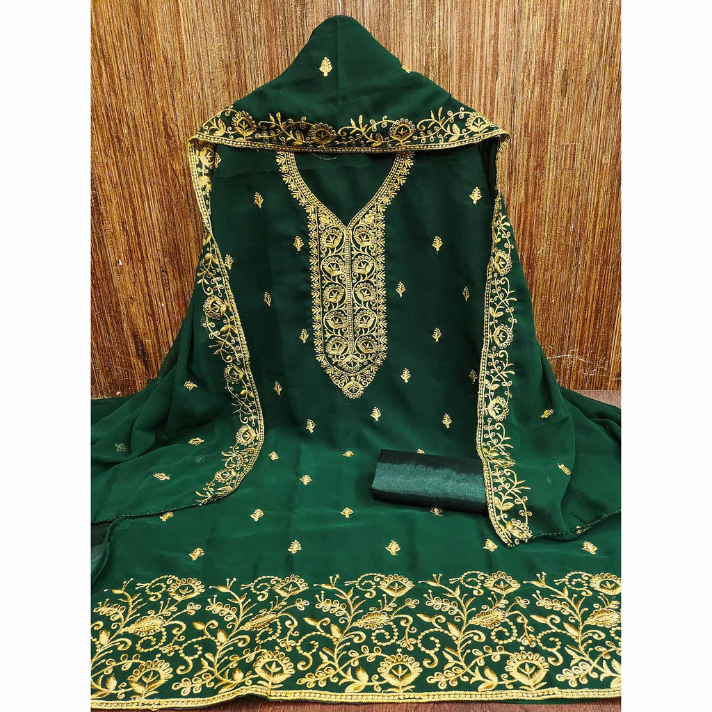 Green Georgette Dress Material With Intricate Floral Zari Embroidery