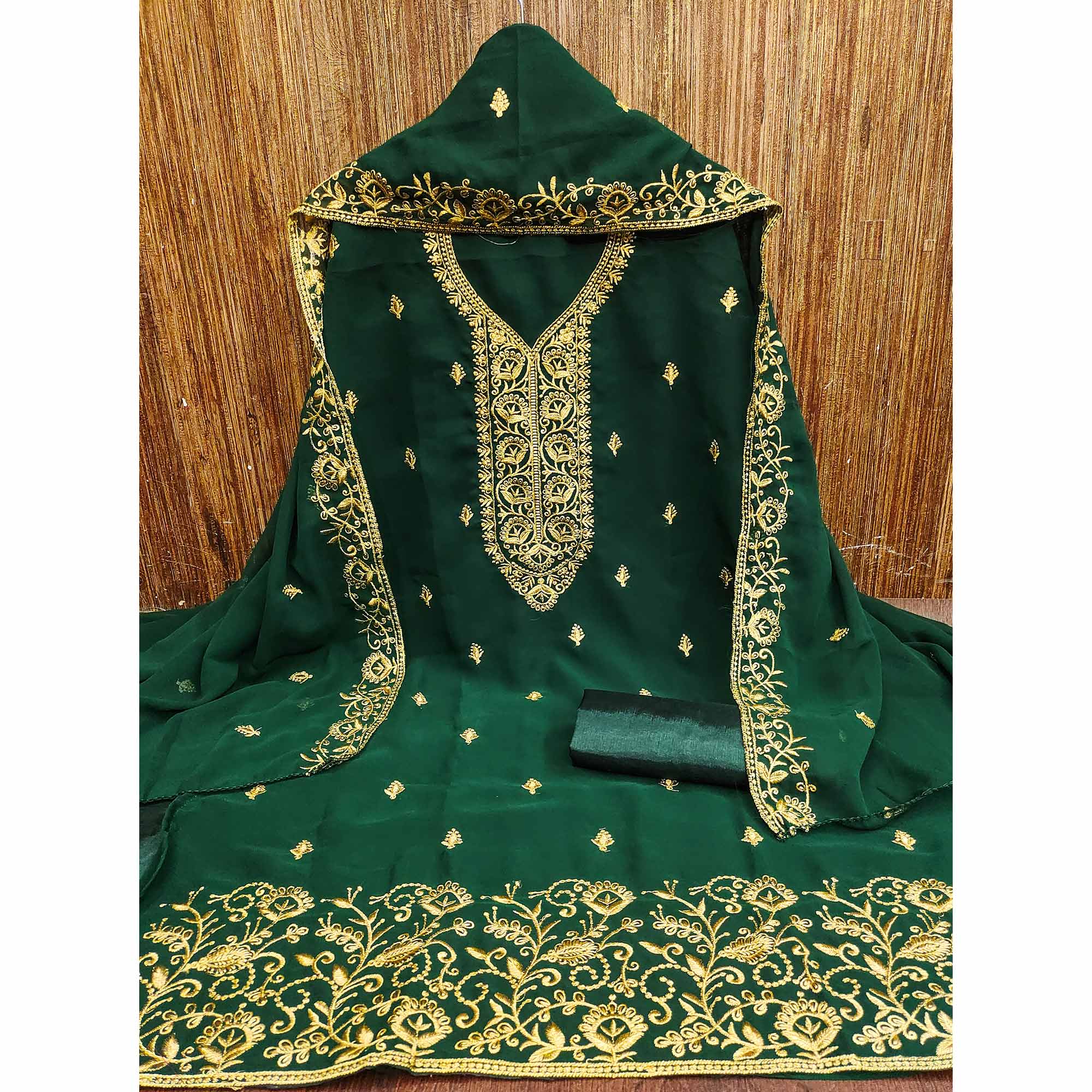 Green Georgette Dress Material With Intricate Floral Zari Embroidery