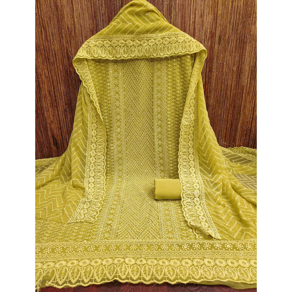 Olive Green Georgette Dress Material With Alluring Sequin Embroidery