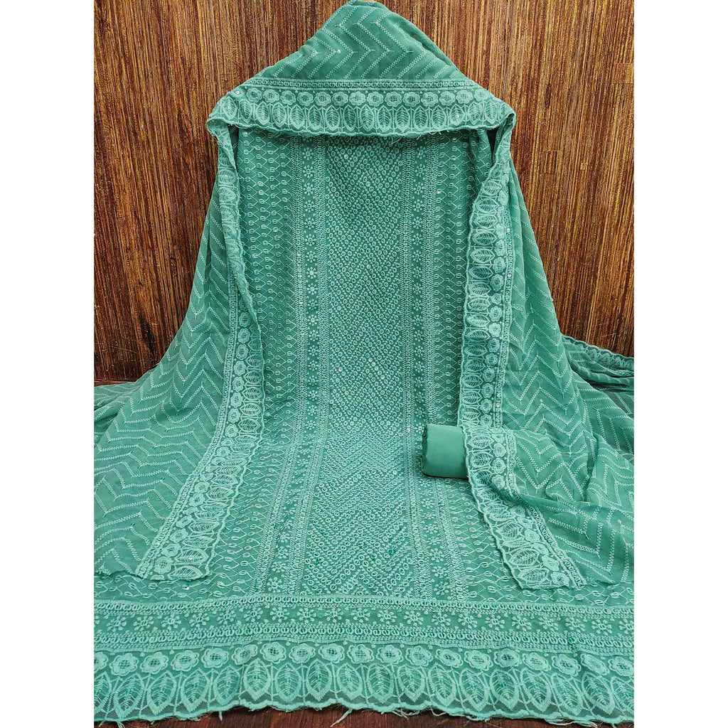 Persian Green Georgette Dress Material With Alluring Sequin Embroidery