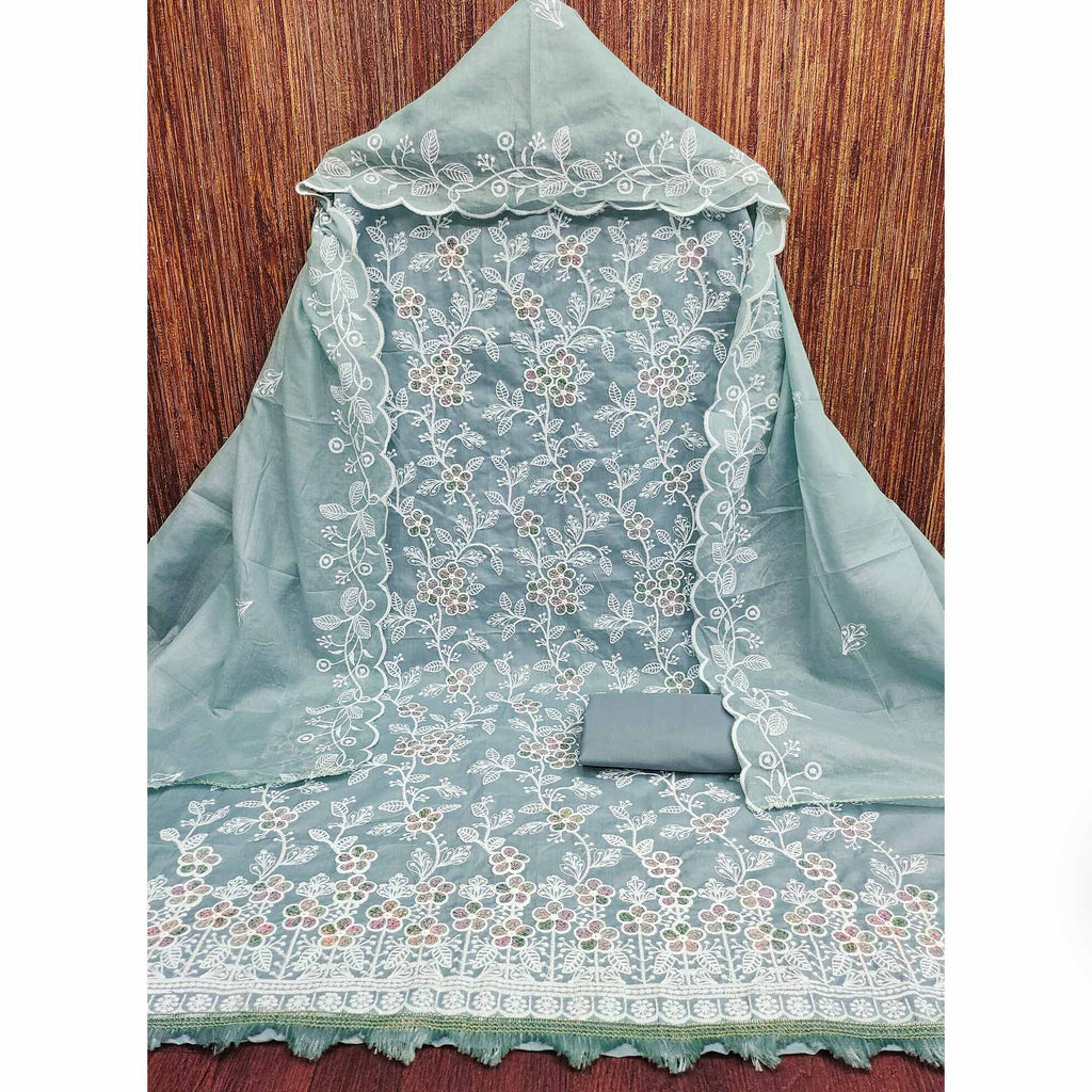 Grey Cotton Blend Dress Material With Delicate Floral Thread Embroidery