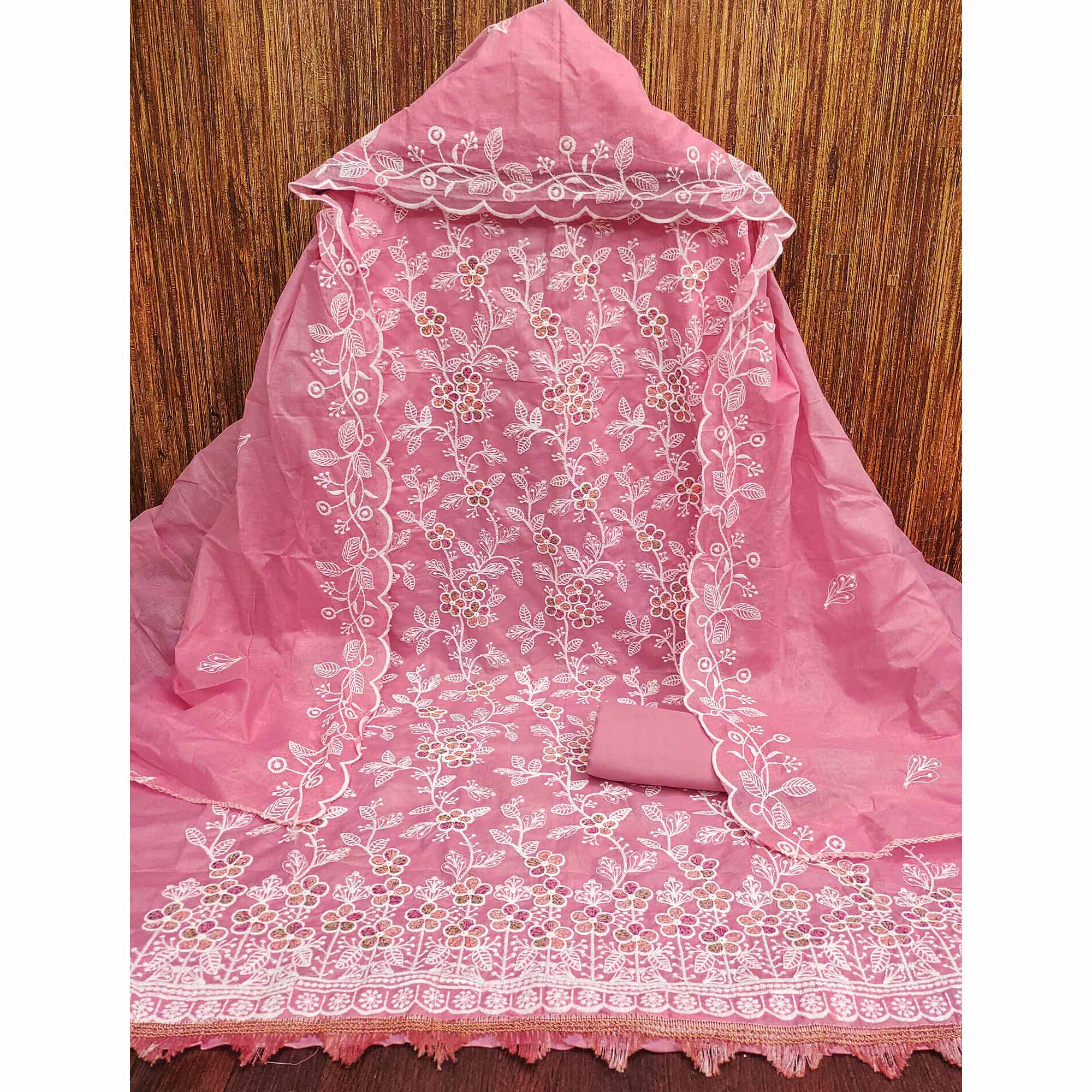 Pink Cotton Blend Dress Material With Delicate Floral Thread Embroidery