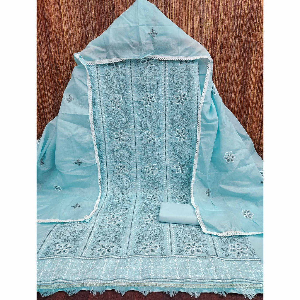 Blue Cotton Blend Dress Material With Intricate Floral Thread Embroidery Work