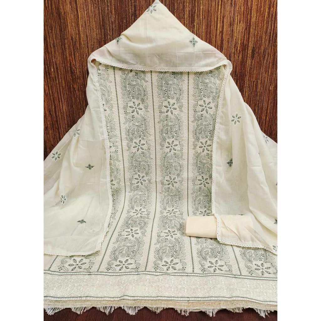 Cream Cotton Blend Dress Material With Intricate Floral Thread Embroidery Work