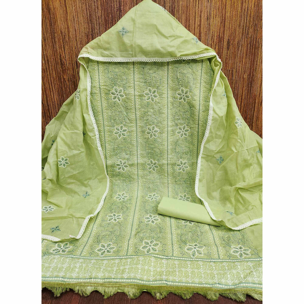 Green Cotton Blend Dress Material With Intricate Floral Thread Embroidery Work