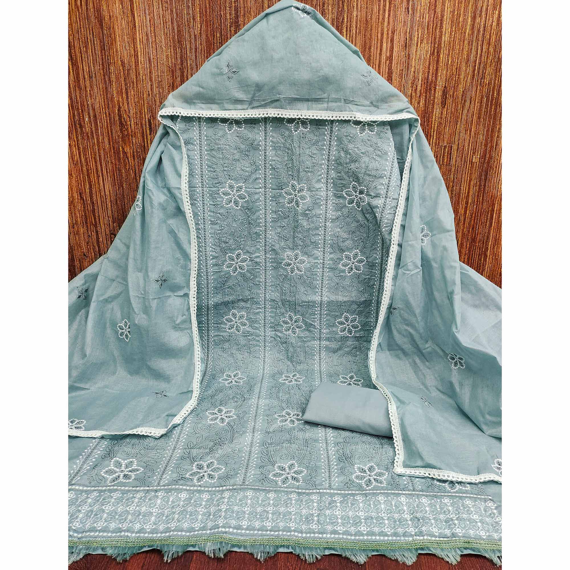 Grey Cotton Blend Dress Material With Intricate Floral Thread Embroidery Work