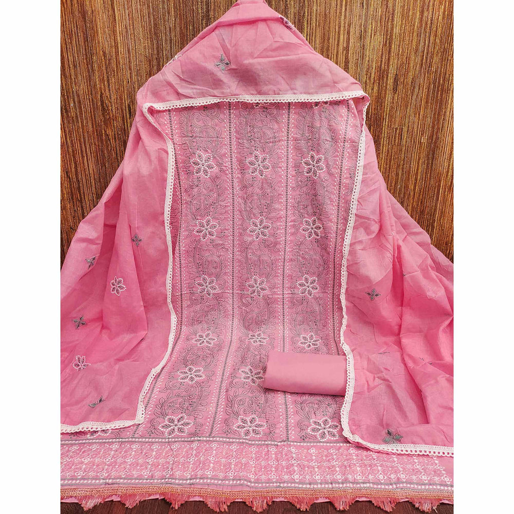 Pink Cotton Blend Dress Material With Intricate Floral Thread Embroidery Work