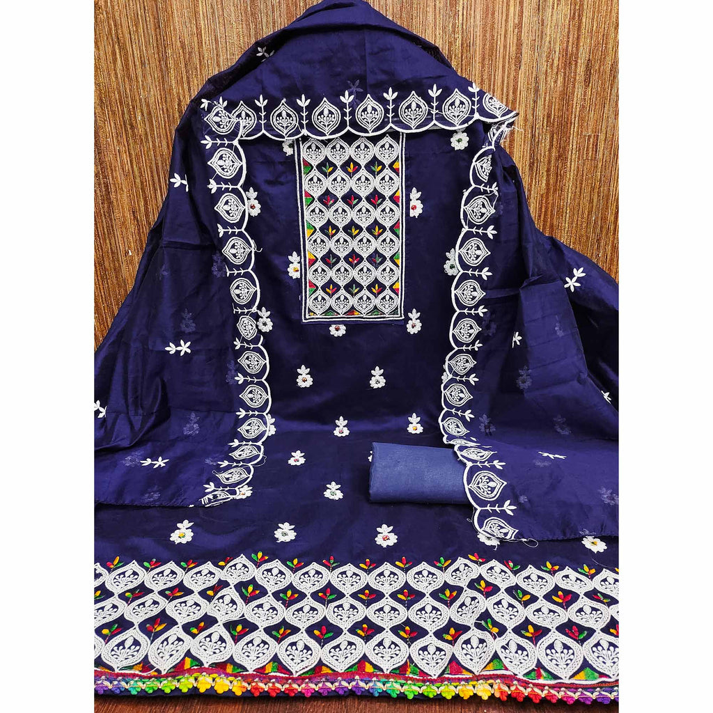Navy Blue Chanderi Cotton Suit Material with Graceful Embroidery