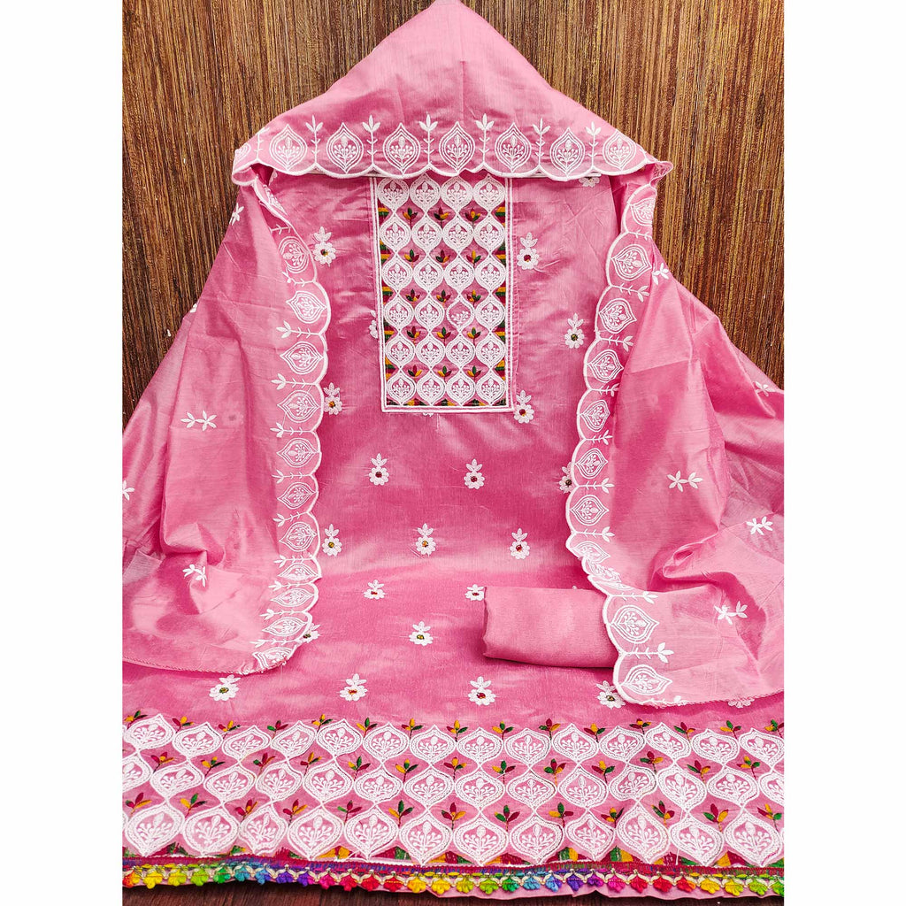 Pink Chanderi Cotton Suit Material with Graceful Embroidery