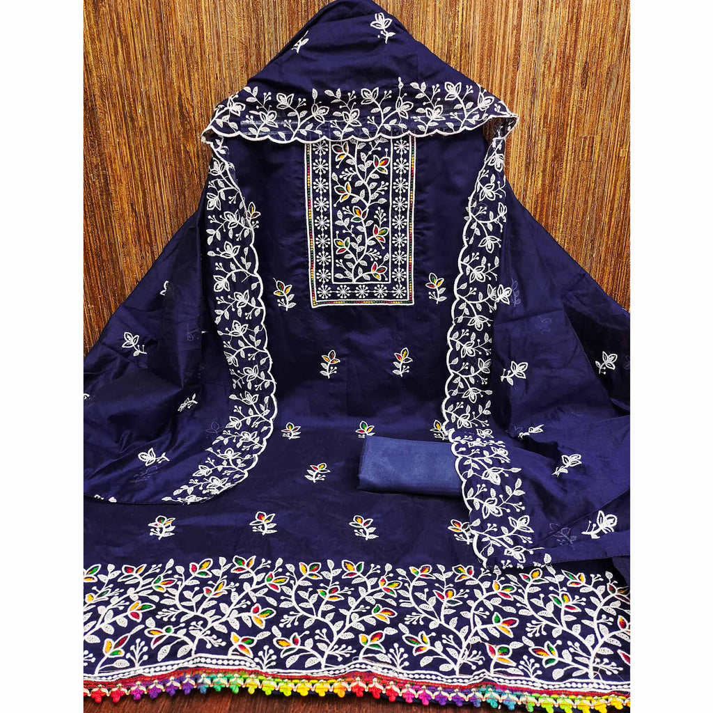 Navy Blue Embroidered Floral Chanderi Cotton Material for Elegant Dressing