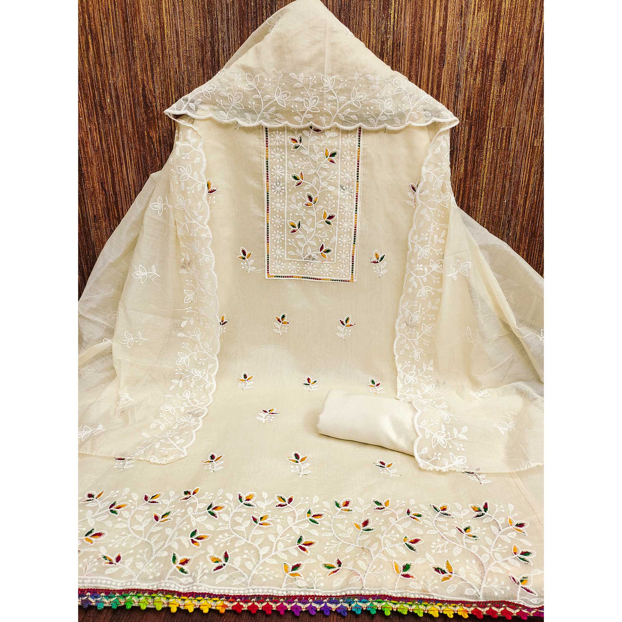 Off White Embroidered Floral Chanderi Cotton Material for Elegant Dressing
