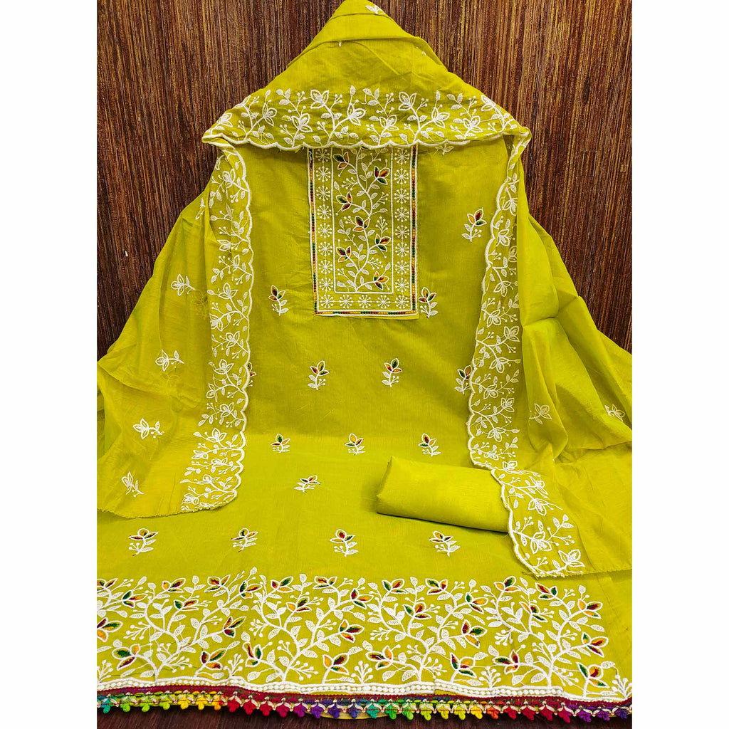 Parrot Green Embroidered Floral Chanderi Cotton Material for Elegant Dressing