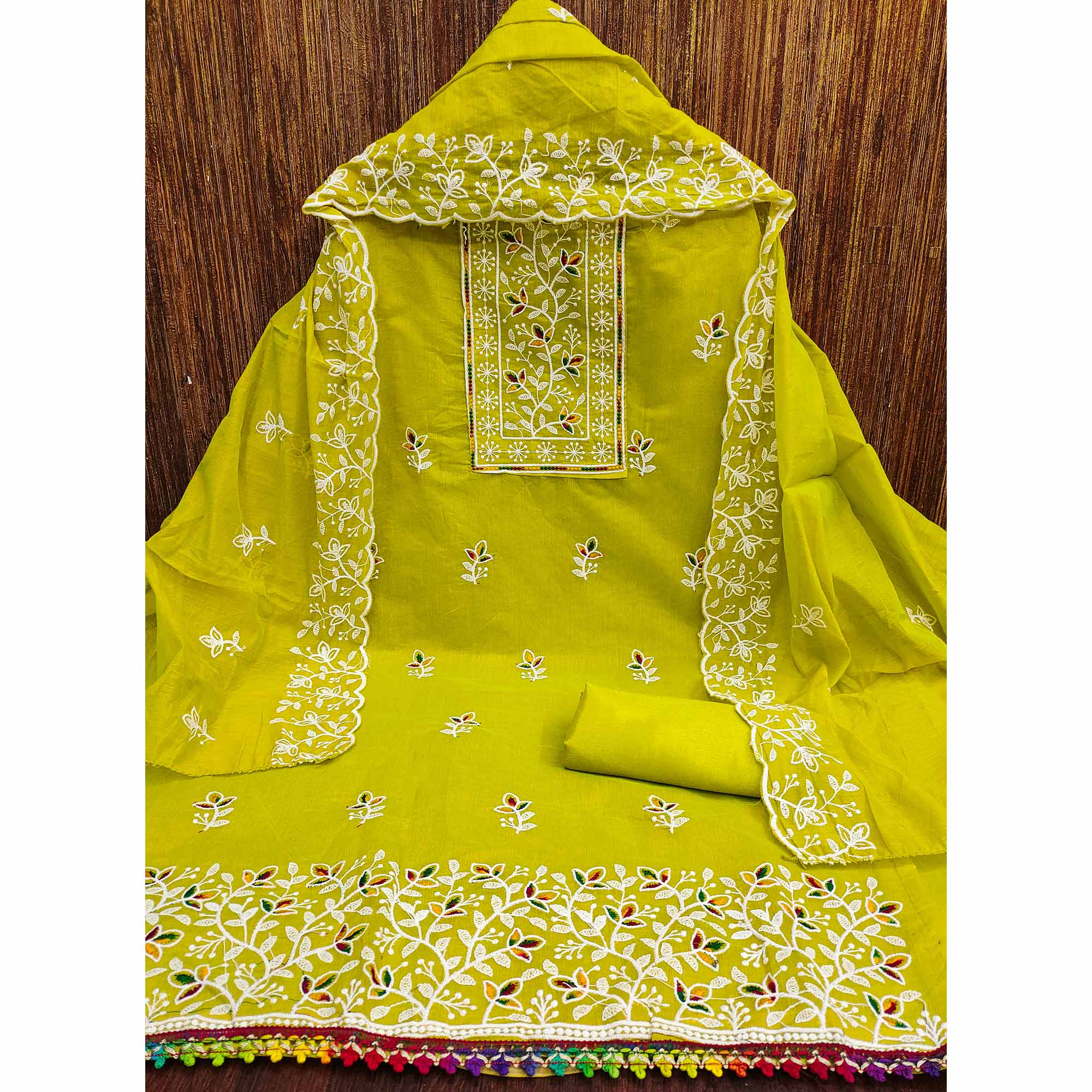 Parrot Green Embroidered Floral Chanderi Cotton Material for Elegant Dressing