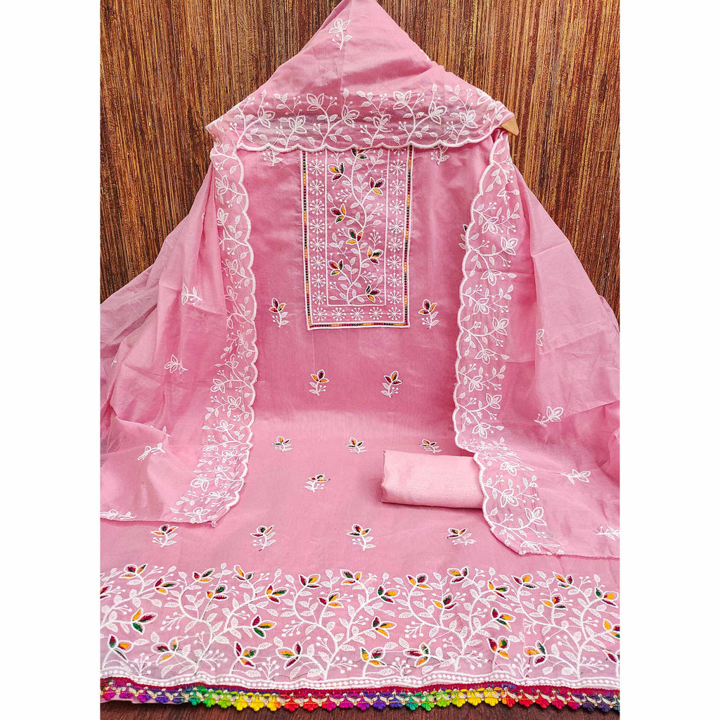Pink Embroidered Floral Chanderi Cotton Material for Elegant Dressing