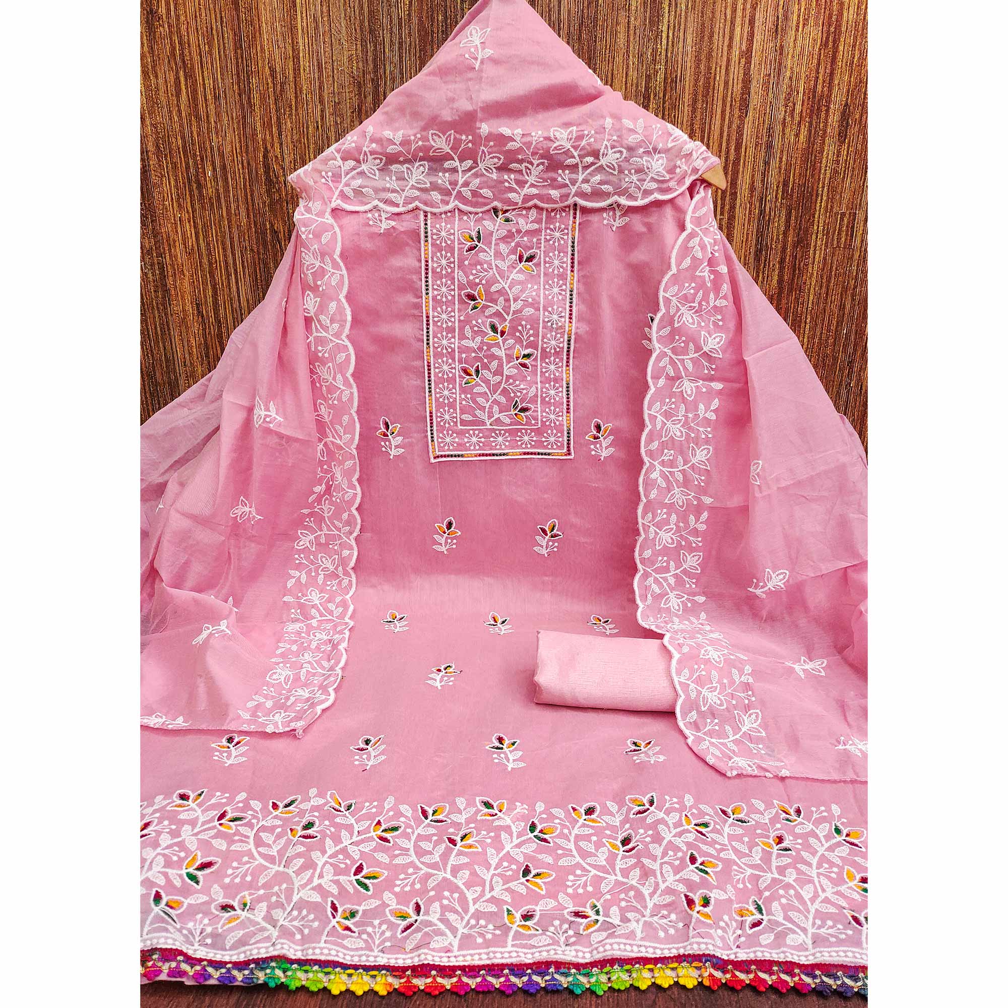 Pink Embroidered Floral Chanderi Cotton Material for Elegant Dressing