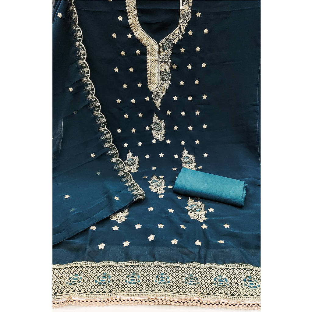 Blue Dress Material Featuring Delicate Floral Thread & Zari Embroidery Work On Georgette