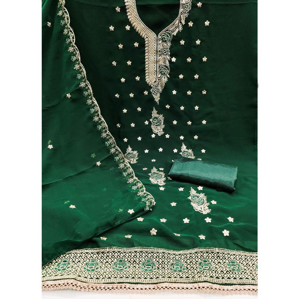 Bottle Green Dress Material Featuring Delicate Floral Thread & Zari Embroidery Work On Georgette