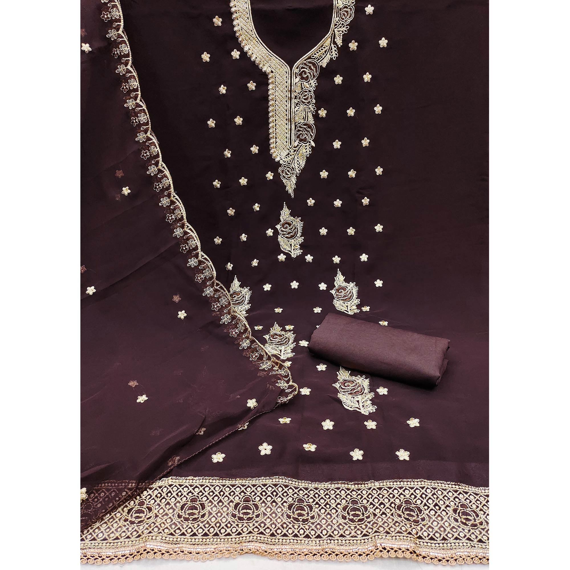 Brown Dress Material Featuring Delicate Floral Thread & Zari Embroidery Work On Georgette