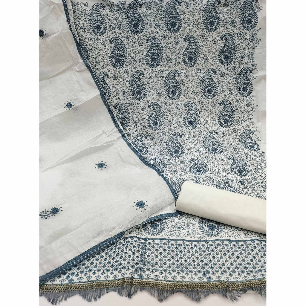 Cream Dress Material In Cotton Blend With Graceful Floral Thread Embroidery