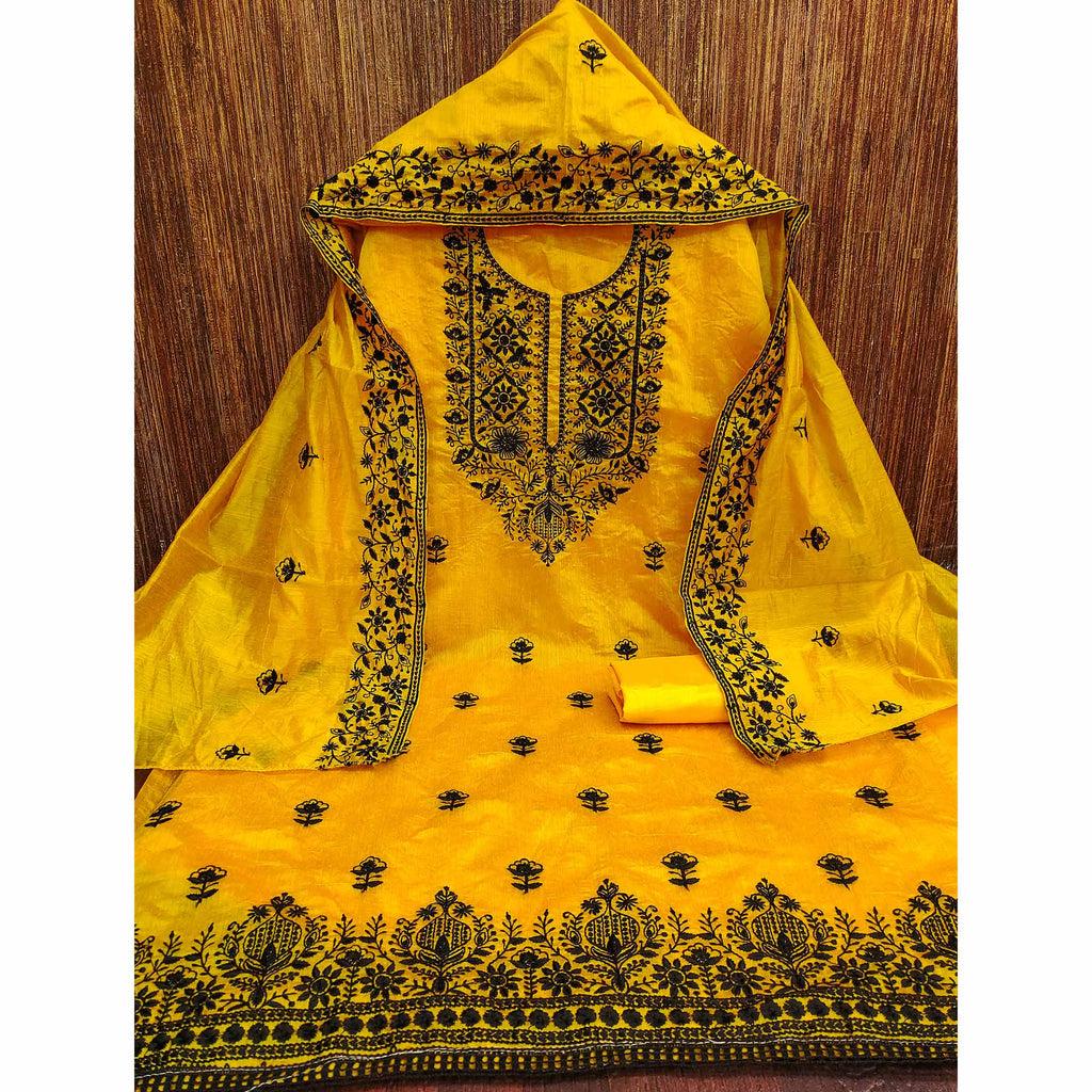 Festive Mustard Floral Embroidered Dress Material in Sheer Chanderi Silk