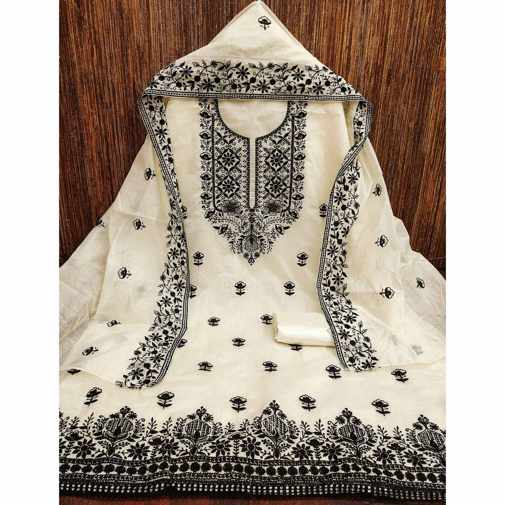 Festive Off White Floral Embroidered Dress Material in Sheer Chanderi Silk