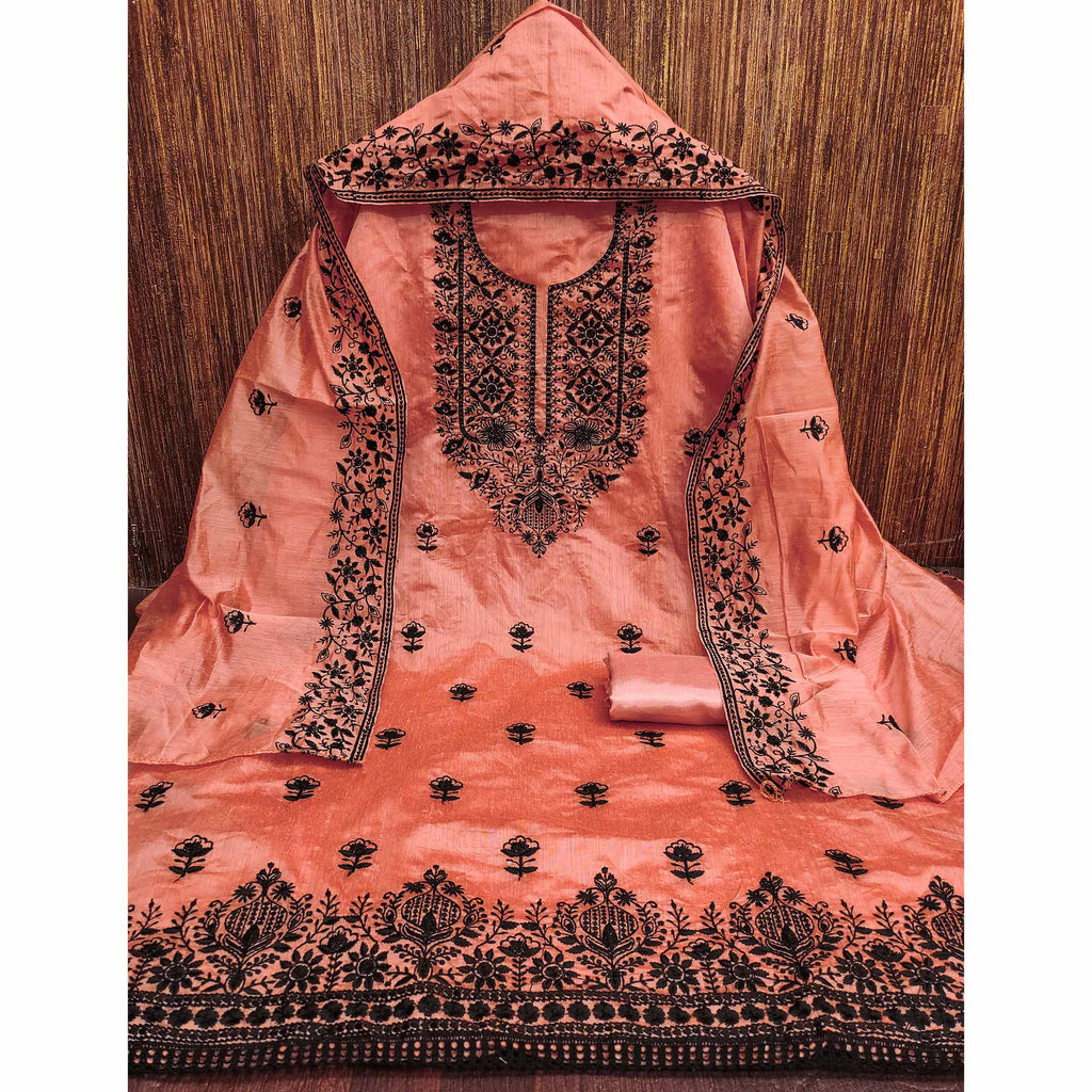Festive Peach Floral Embroidered Dress Material in Sheer Chanderi Silk