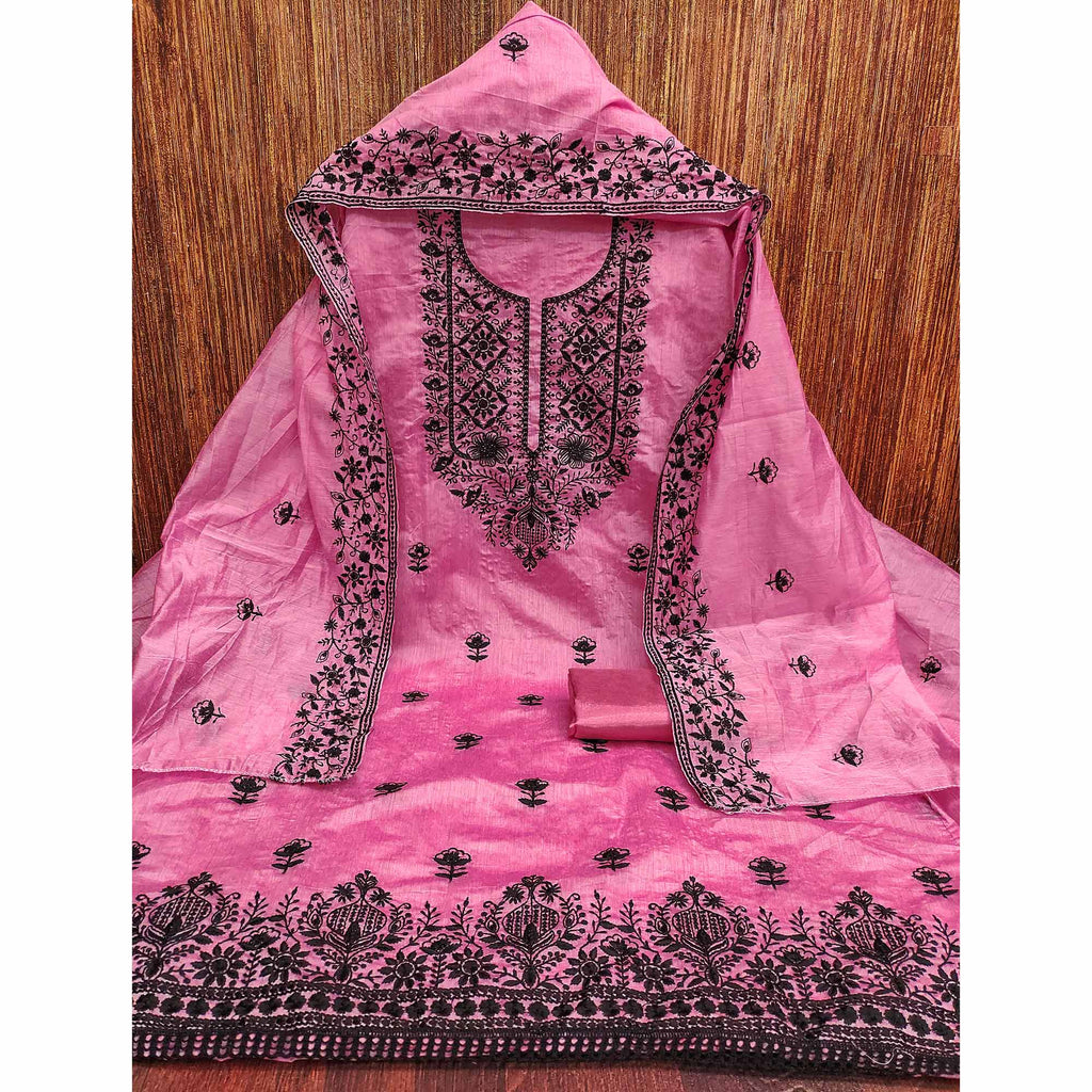 Festive Pink Floral Embroidered Dress Material in Sheer Chanderi Silk