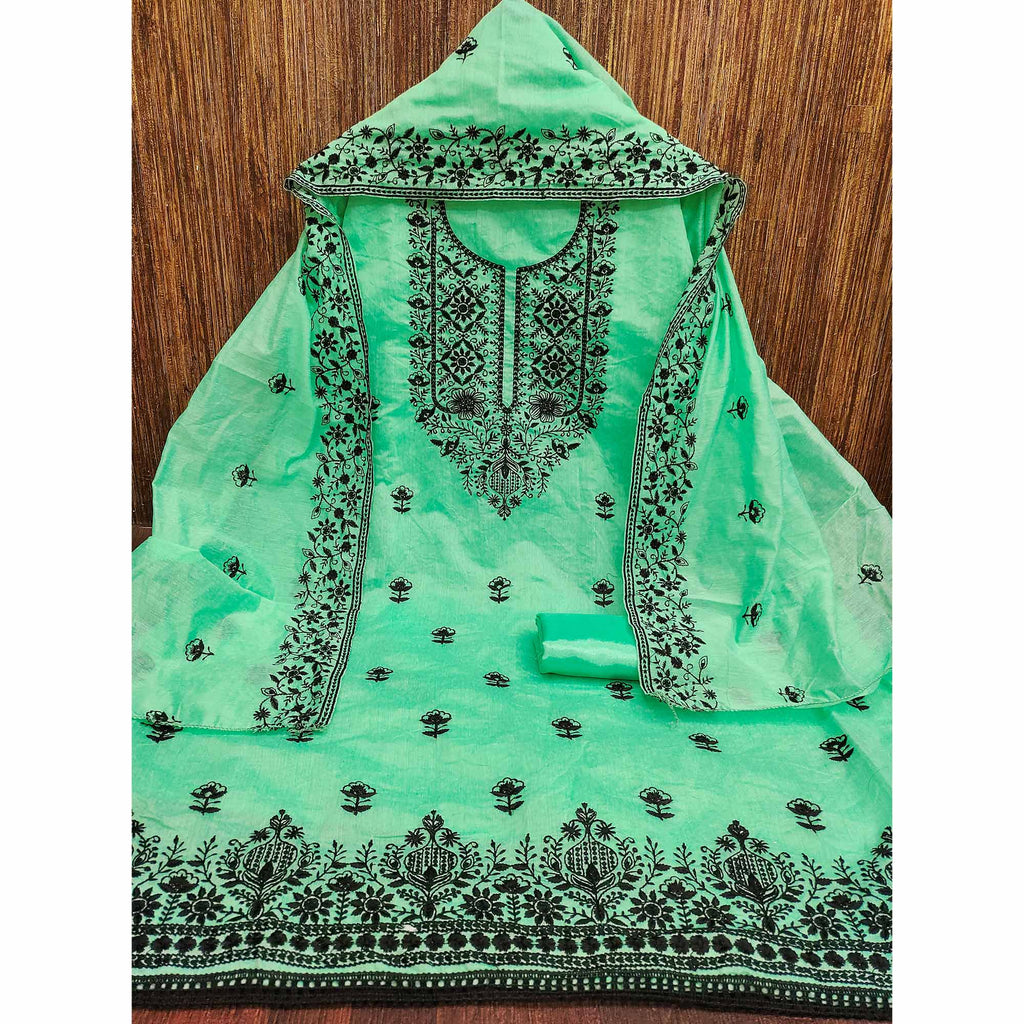 Festive Sea Green Floral Embroidered Dress Material in Sheer Chanderi Silk