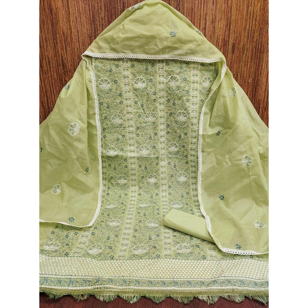 Green Floral Embroidery Cotton Fabric for Ethnic Wear and Everyday Grace
