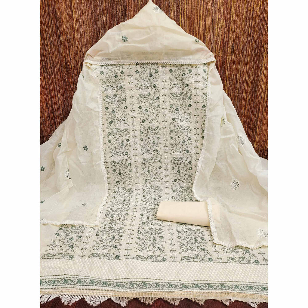 Off White Floral Embroidery Cotton Fabric for Ethnic Wear and Everyday Grace