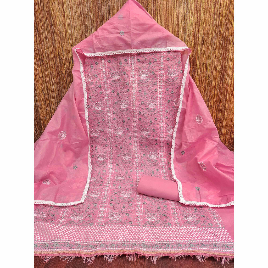 Pink Floral Embroidery Cotton Fabric for Ethnic Wear and Everyday Grace
