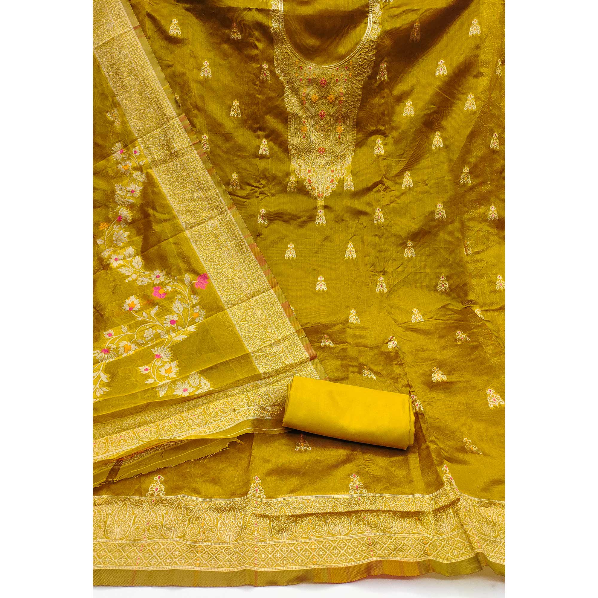 Olive Unstitched Dress Material in Sheer Chanderi Silk with Zari Work