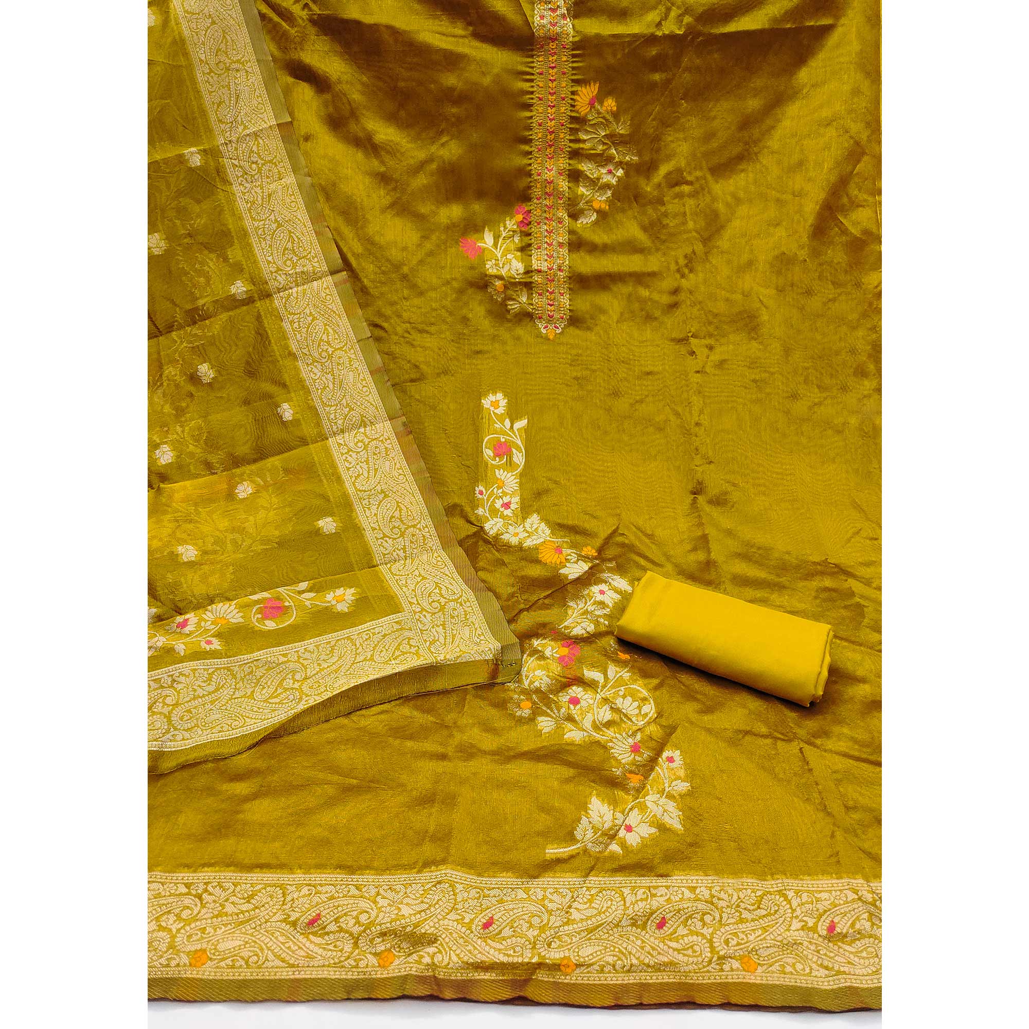 Dark Mustard Chanderi Silk Dress Material Adorned With Elegant Floral Zari Weaving
