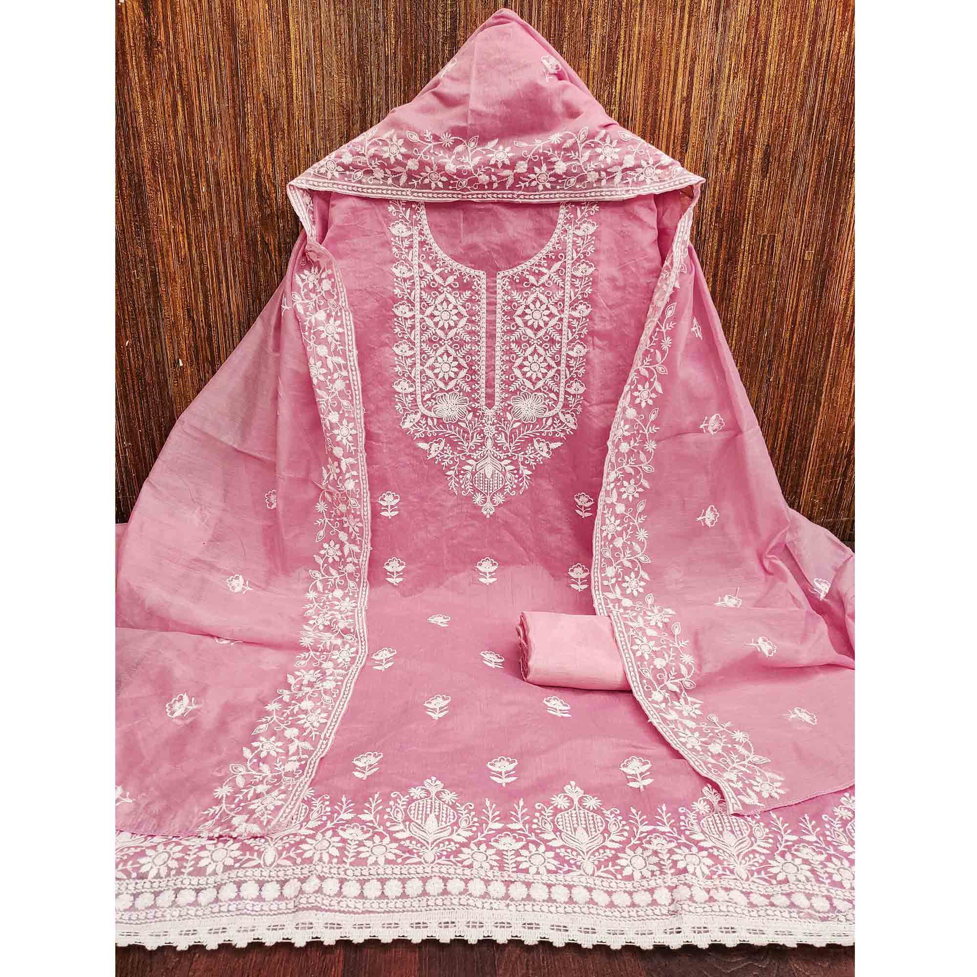 Pink Chanderi Silk Dress Material Enhanced with Delicate Floral Thread Embroidery