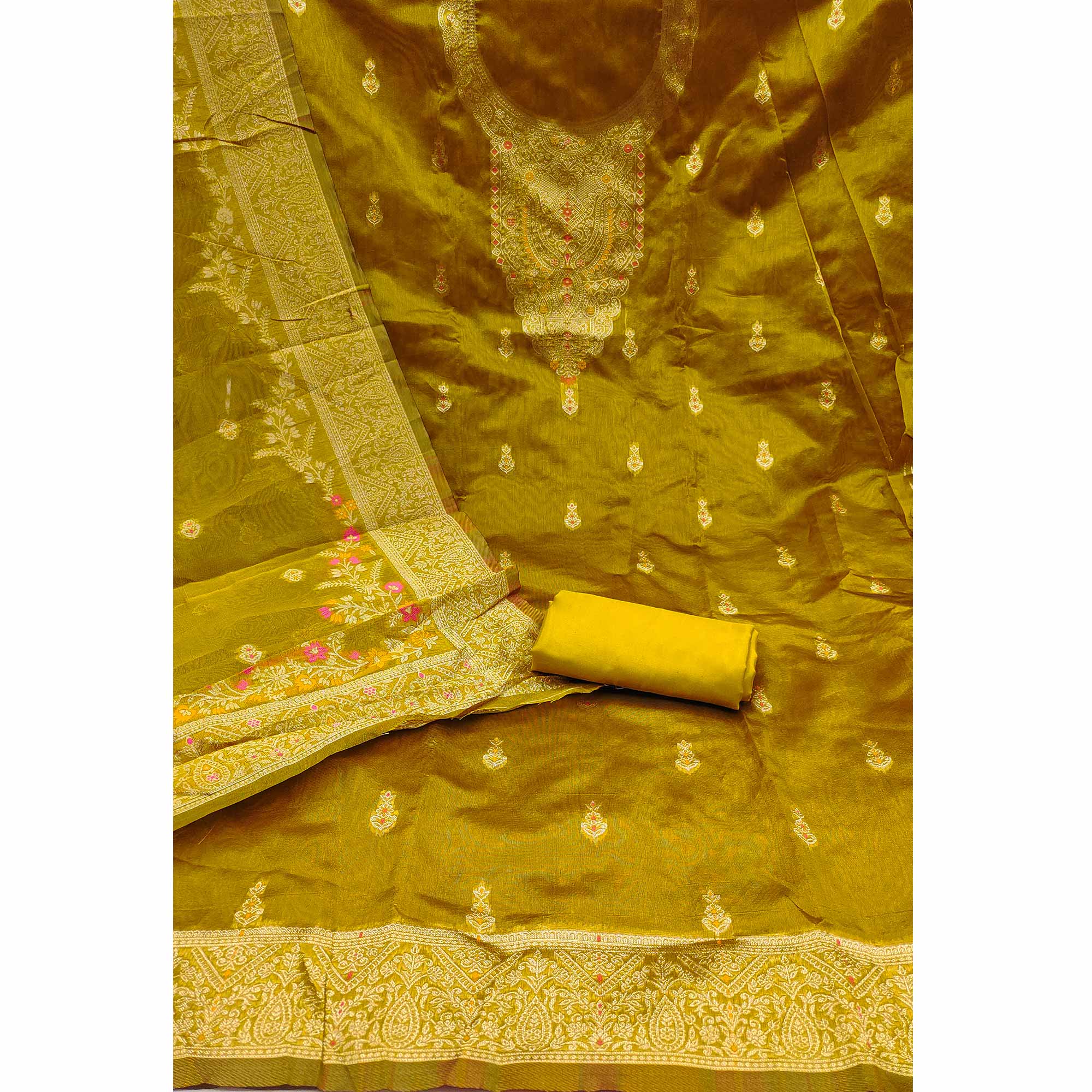 Dark Mustard Chanderi Silk Fabric with Intricate Floral Zari Woven Detailing
