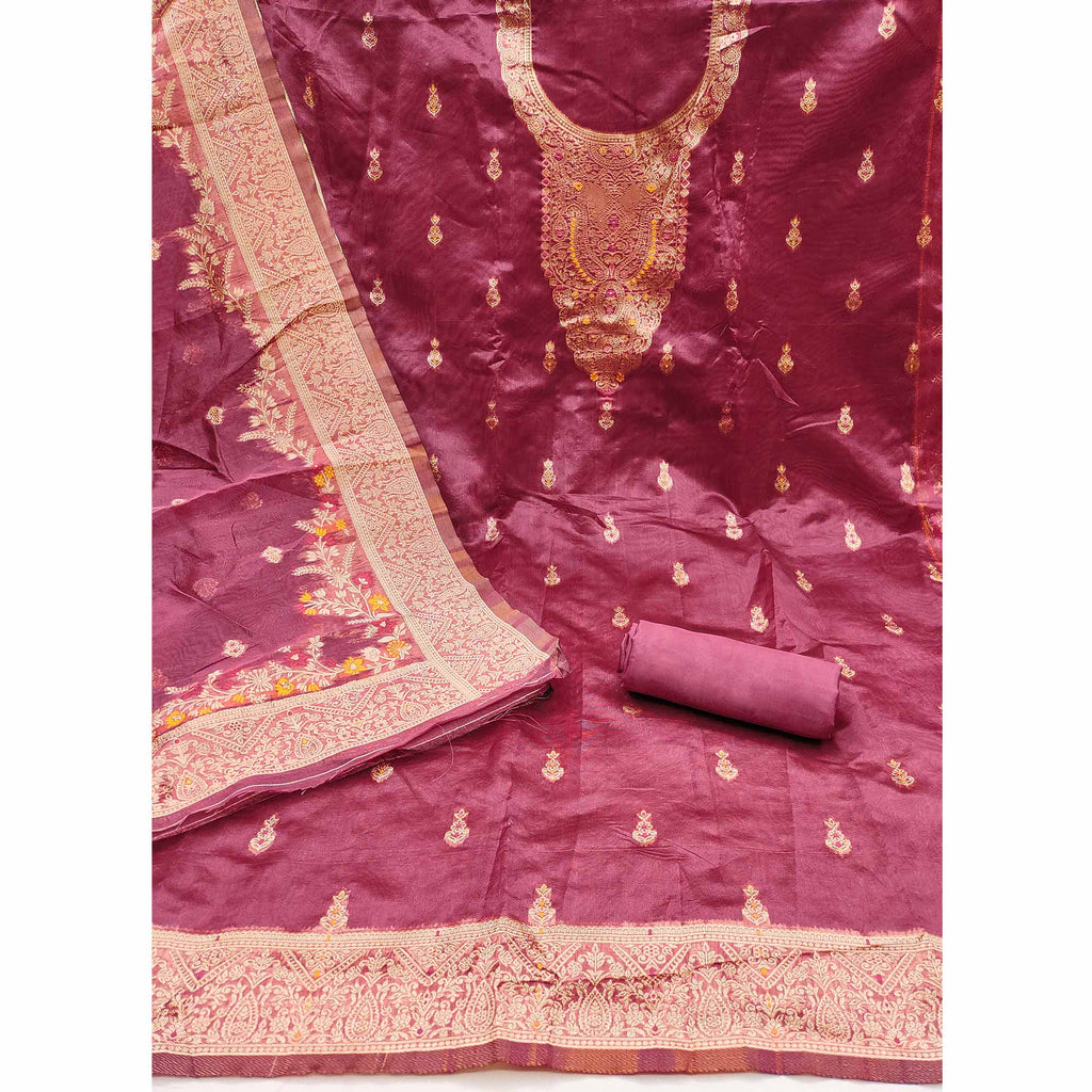 Pink Chanderi Silk Fabric with Intricate Floral Zari Woven Detailing