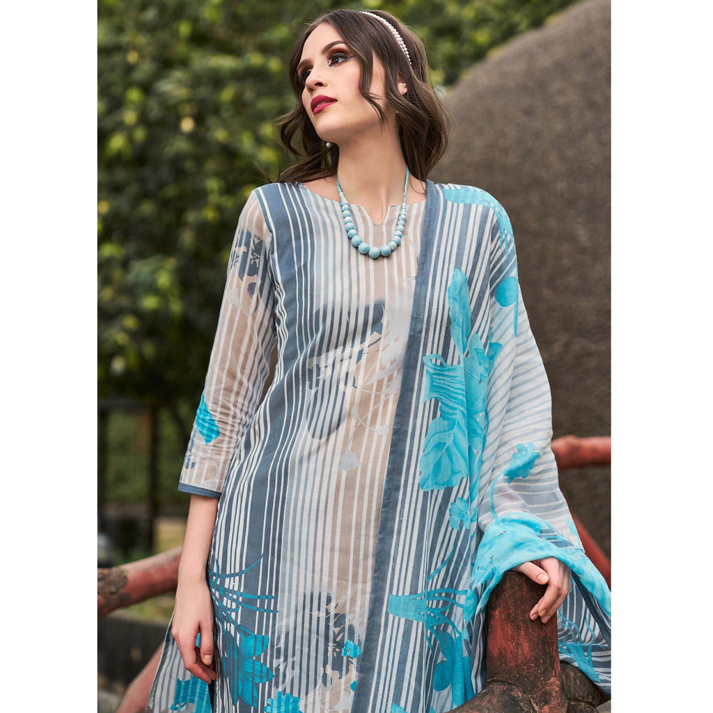 Grey Floral Printed Pure Cotton Dress Material