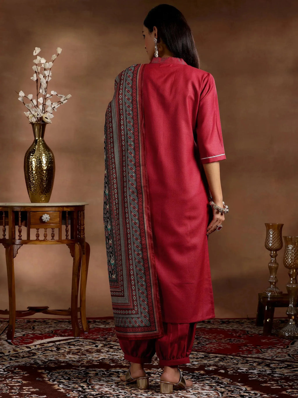 Maroon Solid Cotton Blend Straight Suit With Dupatta