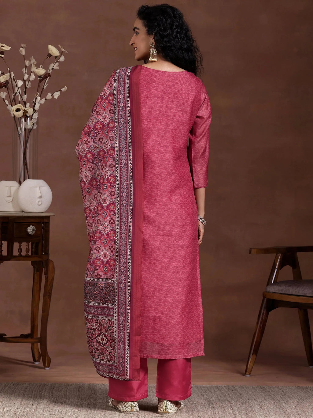 Pink Printed Silk Blend Straight Suit With Dupatta