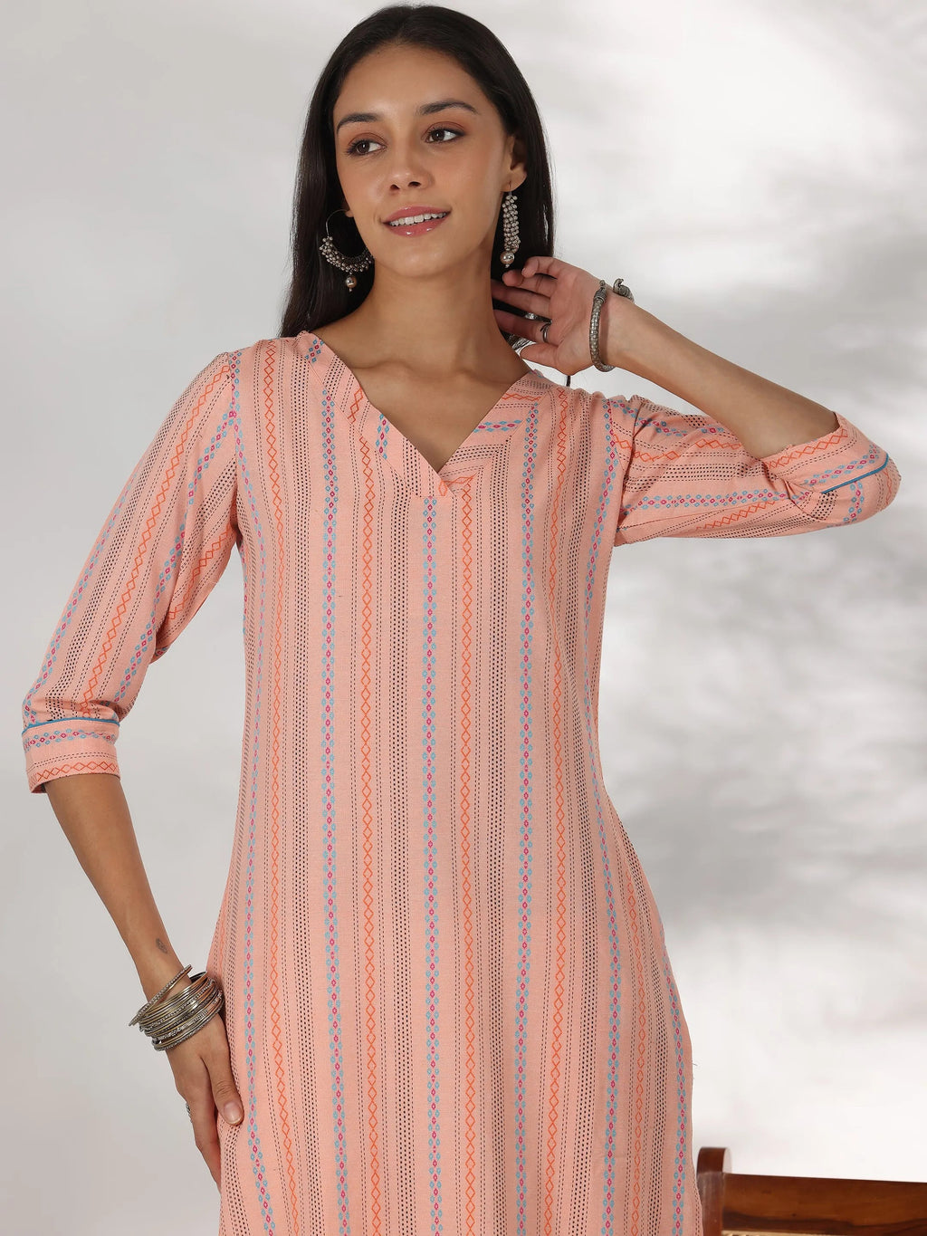 Peach Woven Design Cotton Straight Kurta