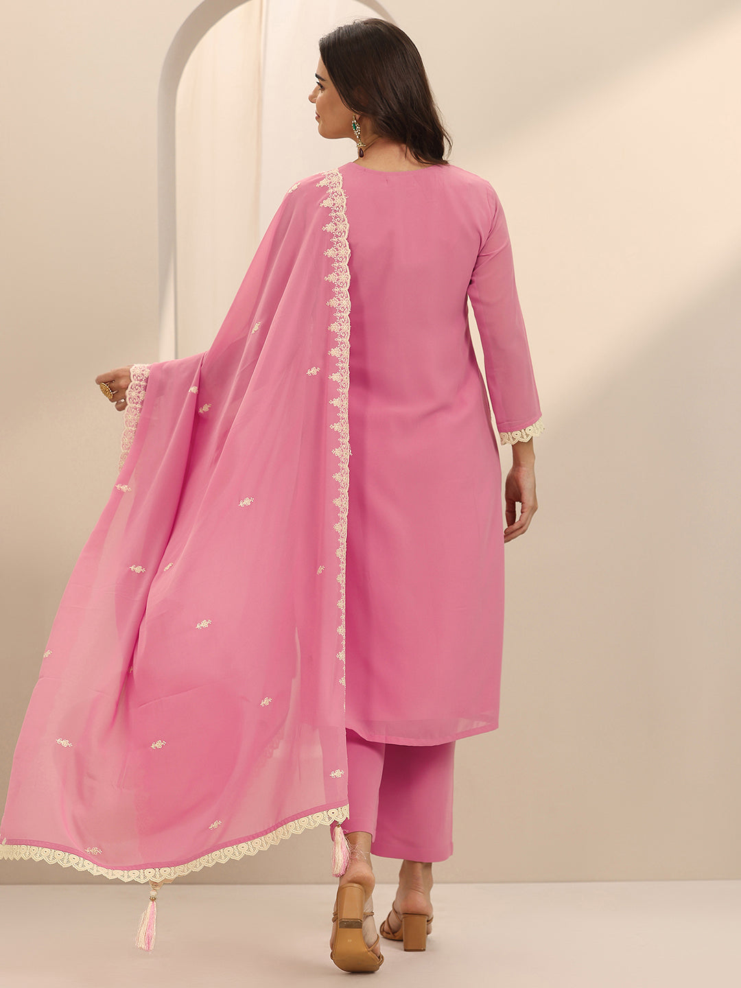 Pink Embroidered Georgette Straight Suit Set With Dupatta