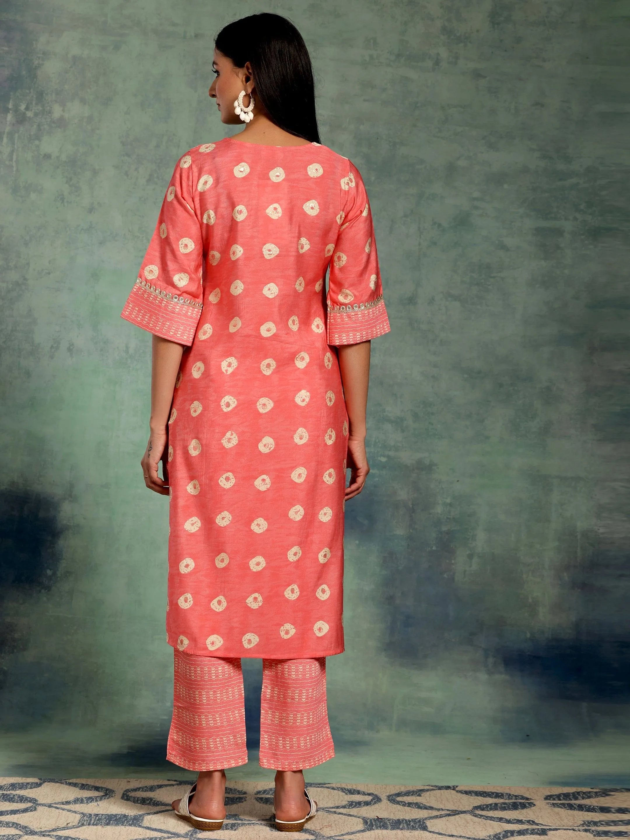 Peach Printed Silk Blend Straight Kurta Set