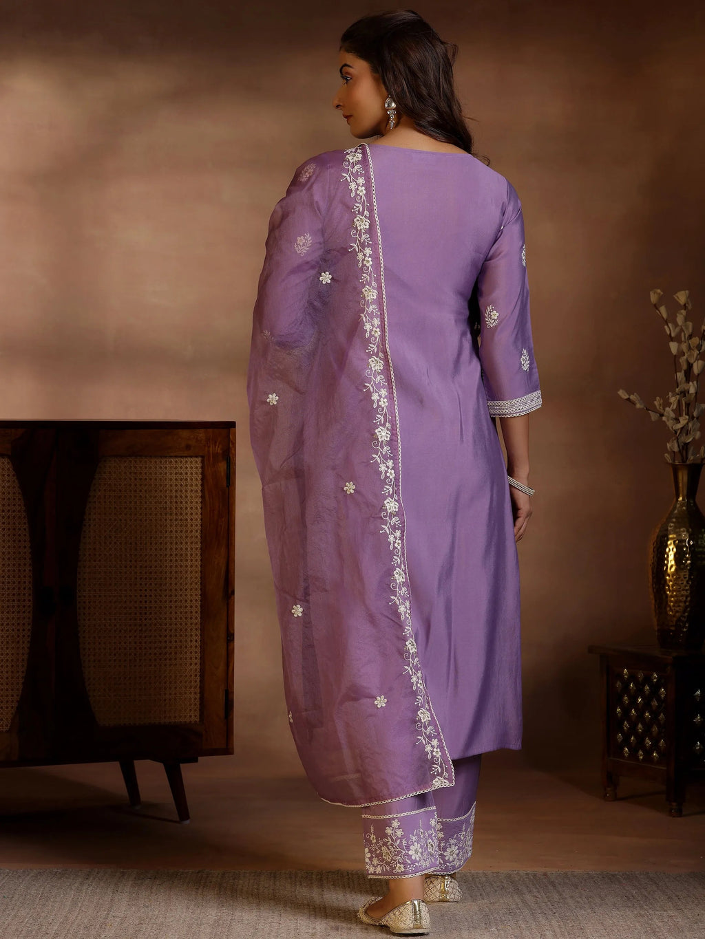 Mauve Embroidered Silk Blend Straight Suit With Dupatta