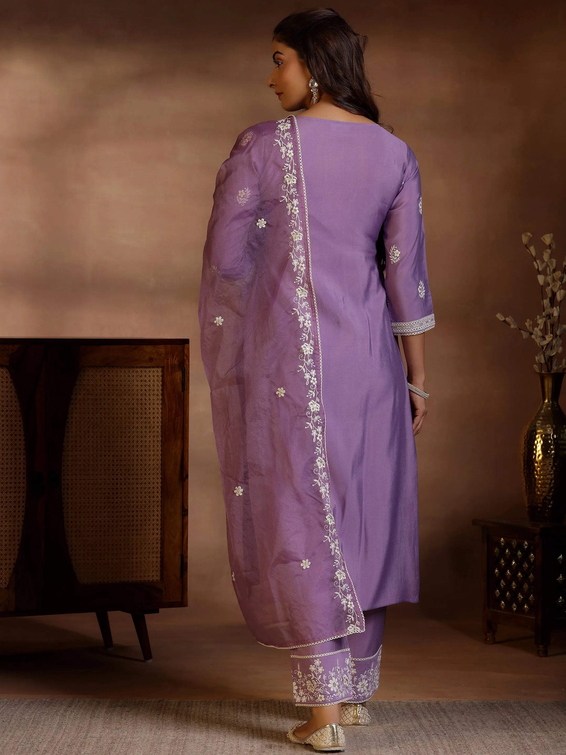 Mauve Embroidered Silk Blend Straight Suit With Dupatta